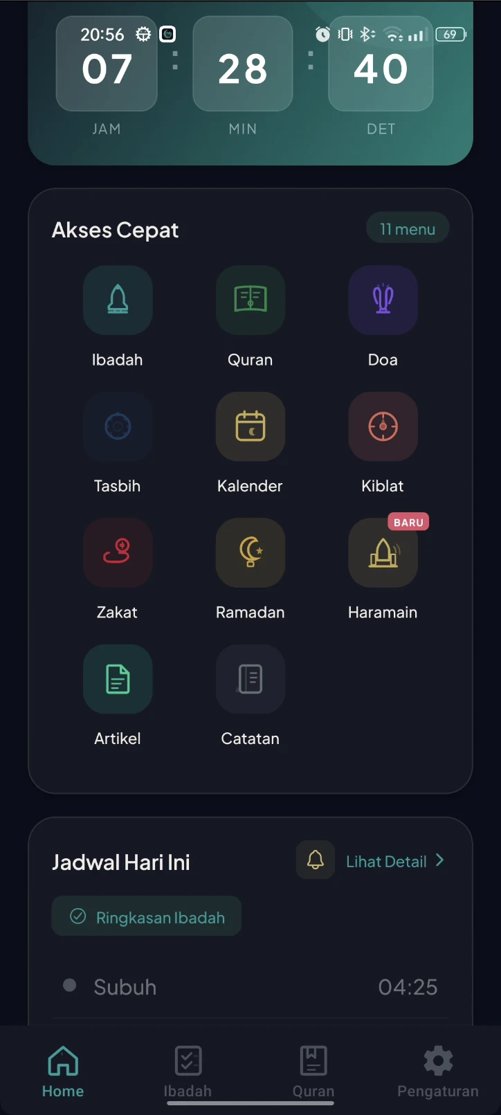 Full quick access menu showing 11 features including Ibadah, Quran, Doa, and Haramain