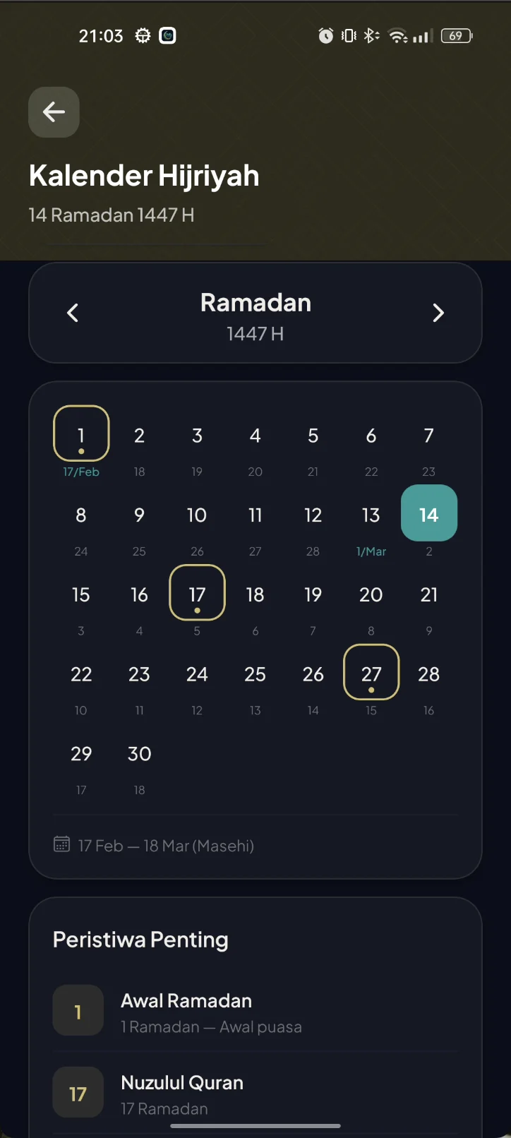 Hijri calendar showing Ramadan month with Gregorian dates and Islamic events
