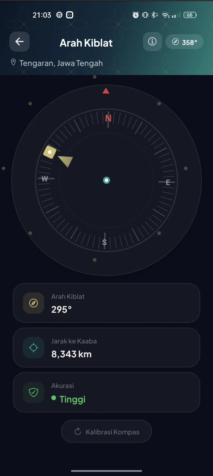Qibla direction compass showing 295 degree bearing and 8343 km distance to Kaaba