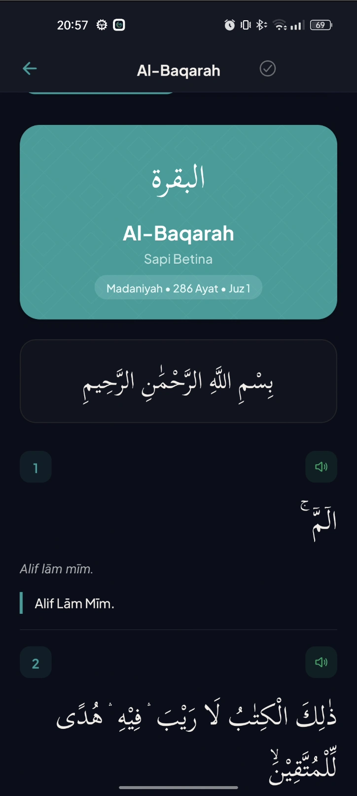 Quran reading view showing Al-Baqarah with Arabic text, transliteration, and translation