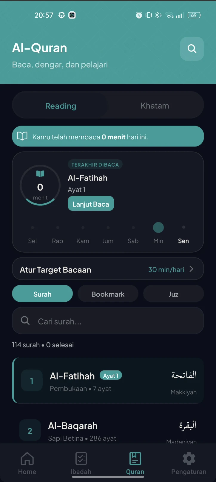 Quran surah list with reading tracker, daily target, and last read bookmark