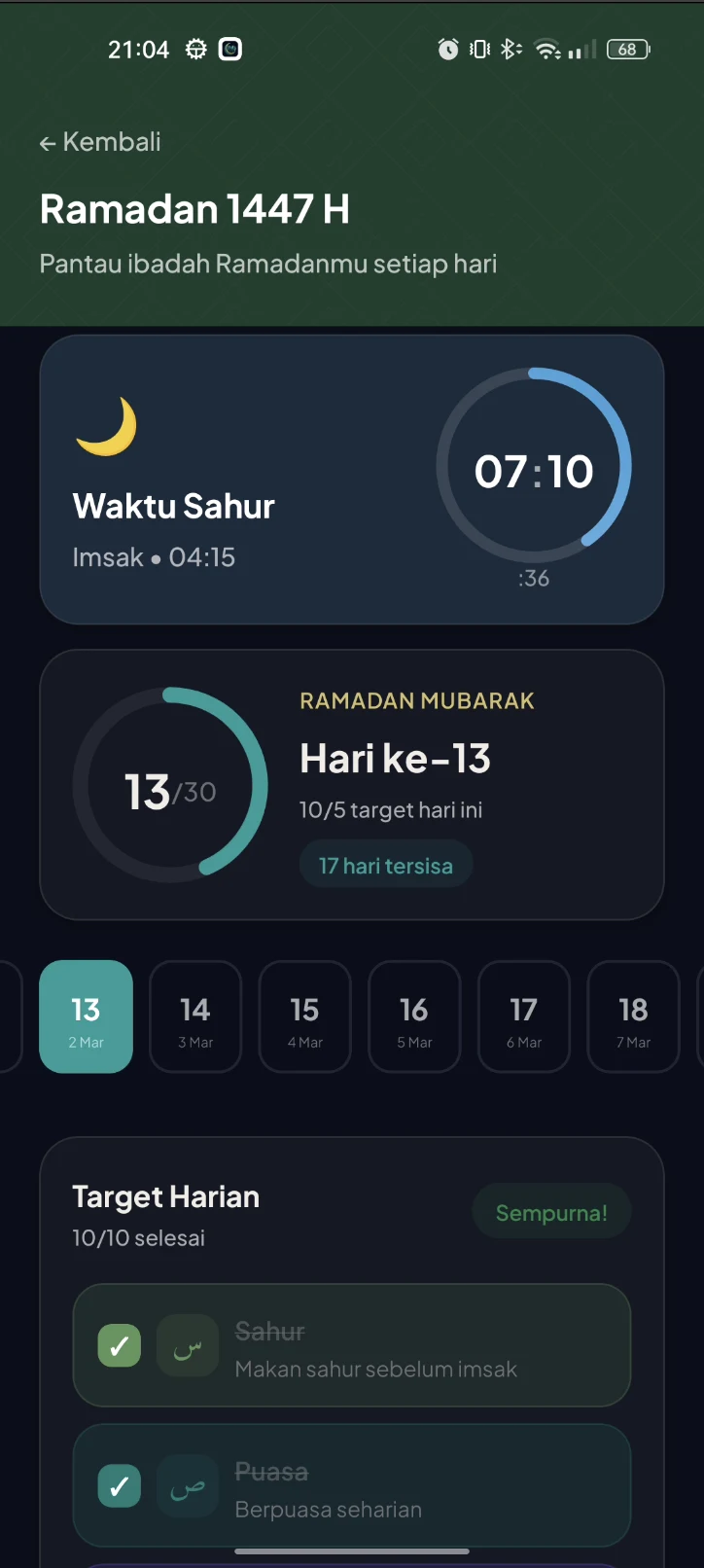 Ramadan daily tracker with sahur countdown, day 13 of 30 progress, and target checklist